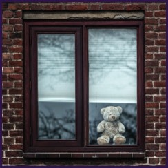 Teddy bear in window